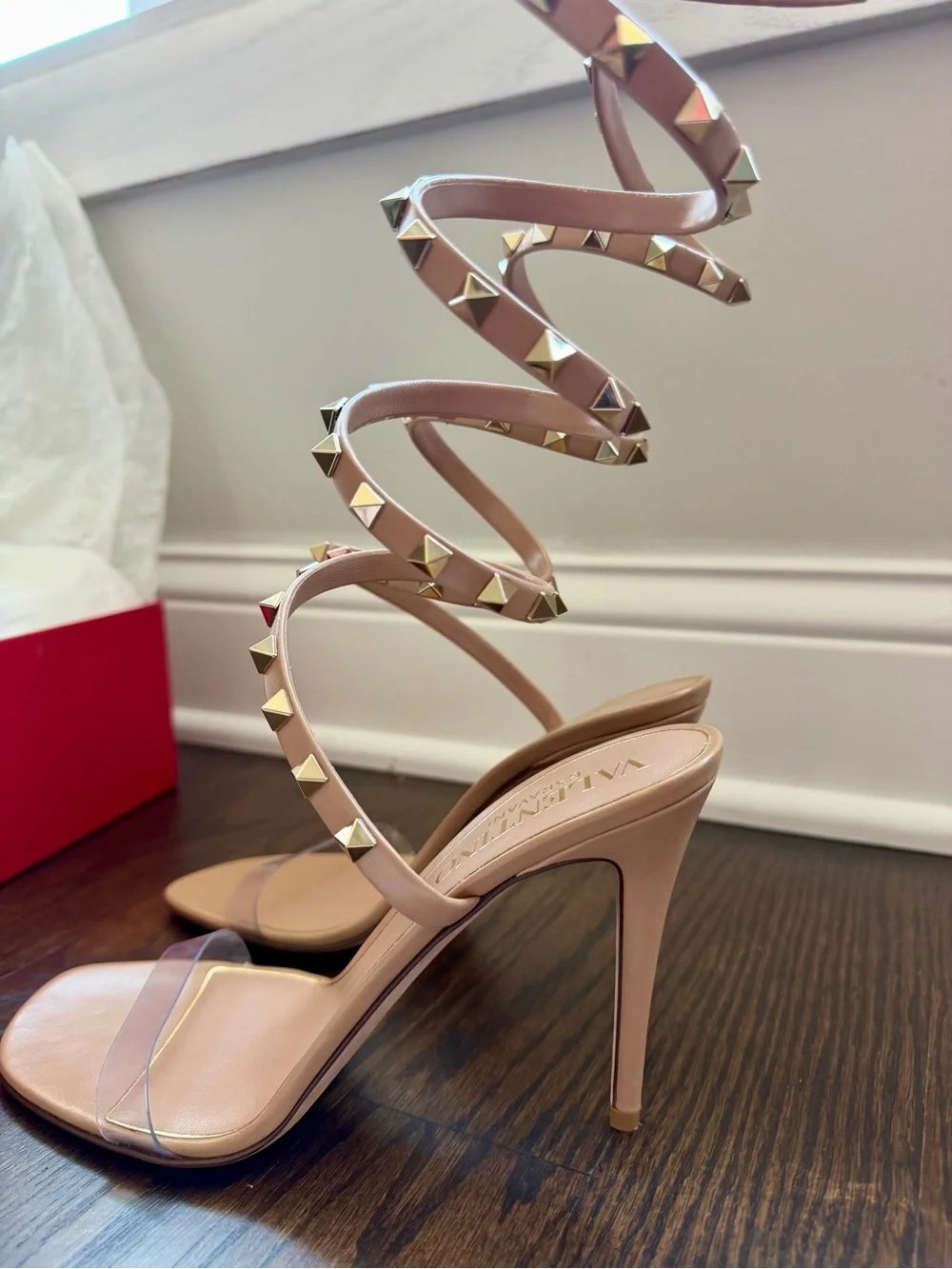 Valentino Garavani Nude Spiral Rockstud Wrap-Heel Sandals